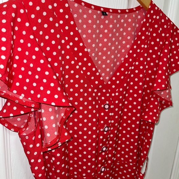 Ruffle Sleeve Red Polka-Dot Button Dress w/Pockets - Picture 3 of 6